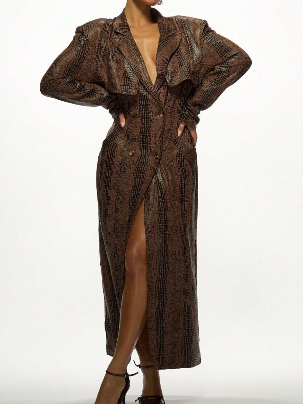 Multicolor Casual Women's Embossed Double-Breasted Long Trench Coat